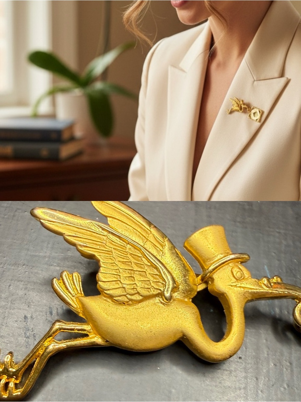 Vintage JJ Jonette Gold Tone Stork Carrying Baby Picture Frame Brooch Pin